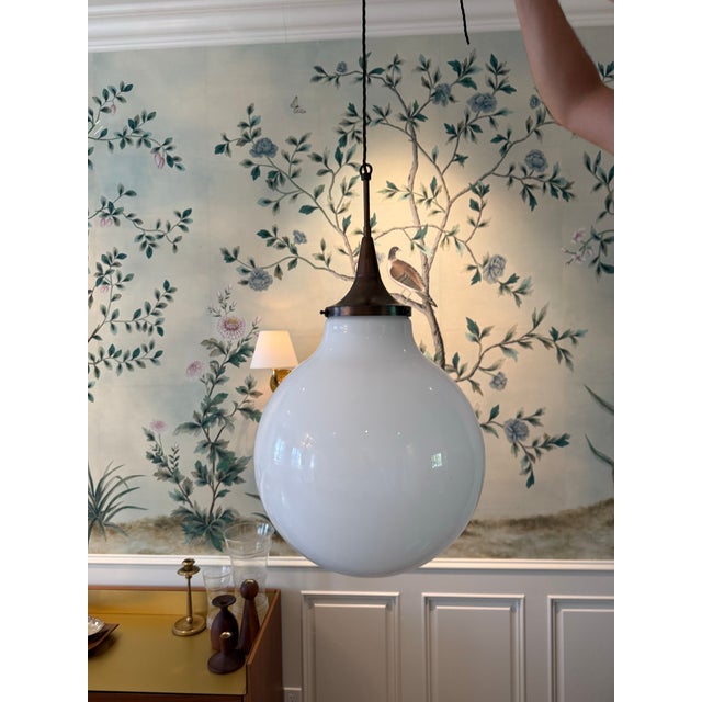 Made in Italy Large opaline glass shade with brass hardware. Purchased From Obsolete in LA never used