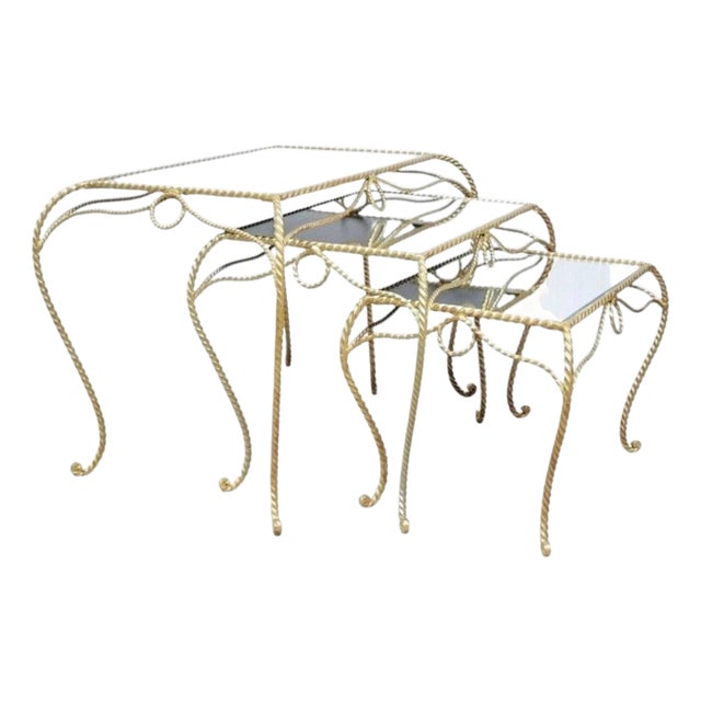 Vintage Italian Hollywood Regency Gold Rope Mirror Top 3 Pc Nesting Side Tables For Sale