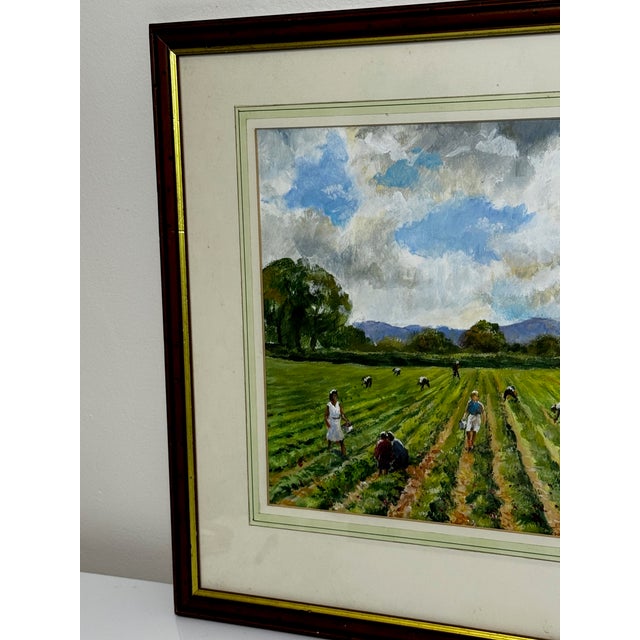 British 20th Century Landscape Oil Painting, Strawberry Pickers Harvesting in West Sussex South Downs For Sale - Image 6 of 18