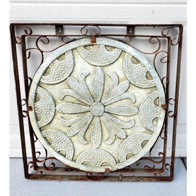 1980s 1980s Vintage Pair of Square Iron Framed Terracotta Relief Floral Medallion Wall Hangings For Sale - Image 5 of 12