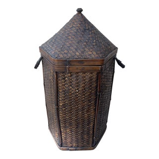 Vintage Asian Woven Rattan/Bamboo Hexagon Lidded Basket For Sale