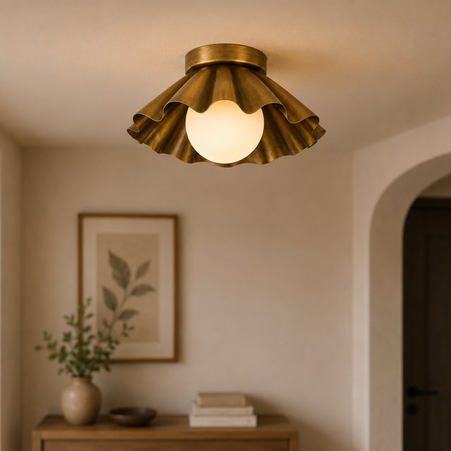 Contemporary Handcrafted Solid Brass Scalloped Flush Mount Ceiling Light With Opal Glass Globe For Sale - Image 3 of 8