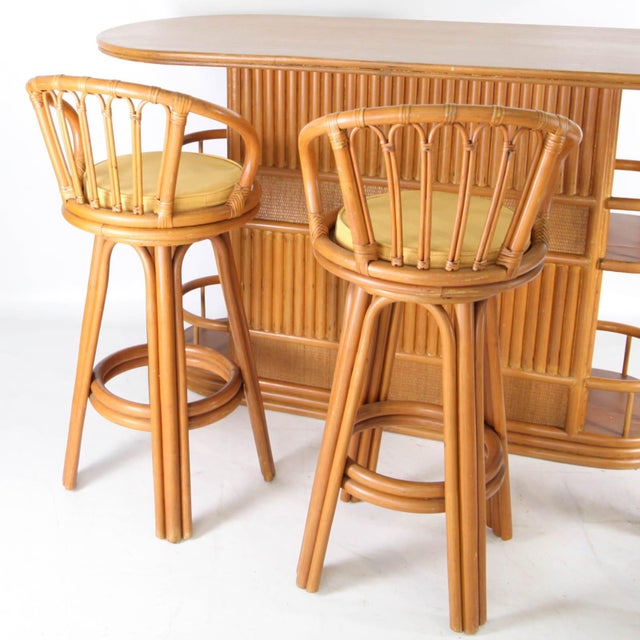 Wood Rattan Bar and Stools, 1970s, Set of 4 For Sale - Image 7 of 10