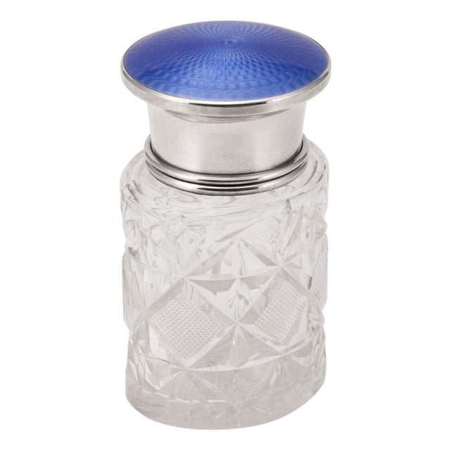 20thc English Silver, Guilloché Enamel & Cut Crystal Jar, London 1929 For Sale