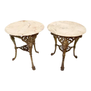 Pair of Heavy Cast Iron Bases Marble Tops Cafe Center Guéridon Tables
