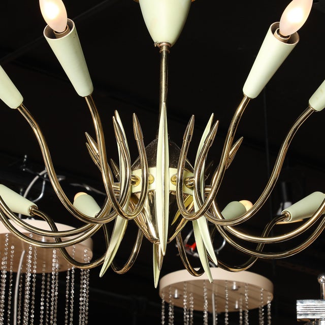 Cream Mid-Century Polished Brass & Green Enamel 12 Light Chandelier by Stilnovo For Sale - Image 8 of 18
