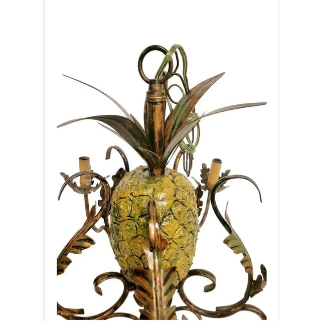 Gampel-Stoll Vintage 5 Light Pineapple Custom Painted Tole Palm Beach Regency Small Chandelier For Sale - Image 4 of 7
