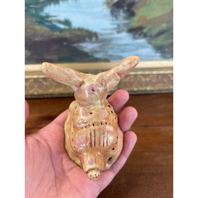 Pink 1970s Whimsical Hand-Built Ceramic Creature Sculpture With Long Ears and Textured Colorful Glaze For Sale - Image 8 of 9