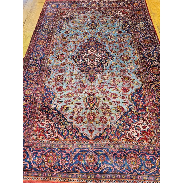 Textile Early 20th Century Persian Kashan Rug, Handwoven Floral Pattern, Turquoise & Red, 6’ X 9’ For Sale - Image 7 of 12