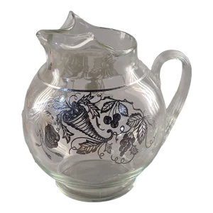 Mid 20th Century Vintage Silver Overlay Cornucopia Fruit Motif Glass Water Pitcher