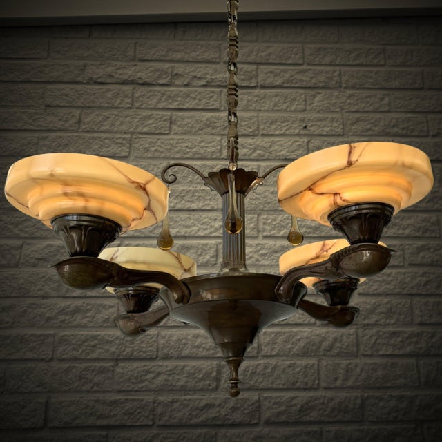 Chandelier in Brass & Glass from Bröderna Malmströms Metallvarufabrik, Sweden, 1930s For Sale - Image 3 of 14