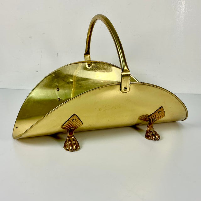 Mid-Century Arts & Crafts Americana Federal Brass & Bronze Paw Footed Firewood Holder For Sale - Image 4 of 11