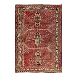 Vintage Handmade Persian Red Geometric Wool Rug 4'2" X 6'4" For Sale