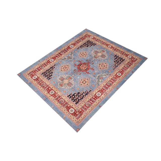 Bohemian Kazak Light Blue/Red Wool Rug - 8'0''x9'10'' For Sale - Image 10 of 10