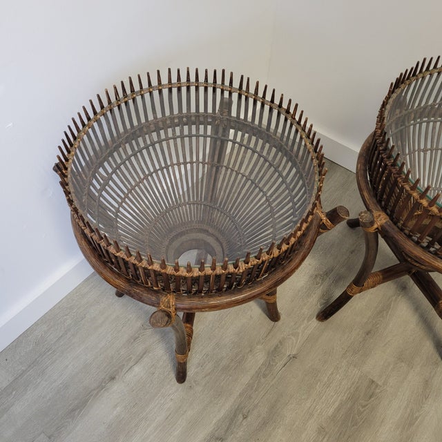 Pair Mid-Century McGuire Style Rattan End Tables With Spiked Gallery Rims For Sale - Image 9 of 12