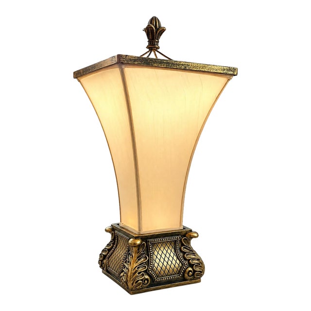 Vintage Hollywood Regency Ornate Gold-Tone Table Lamp With Square Fabric Shade For Sale