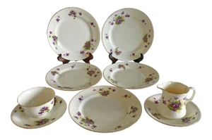 1950s Violet Floral Bone China Luncheon Plates - Set of 9