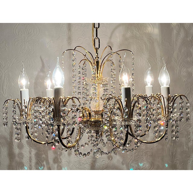 Brass Lead Crystal 24k Gold Plated Seven Light Chandelier from Sölken Leuchten, 1970s For Sale - Image 9 of 10