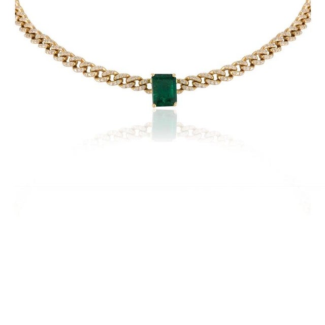 Not Yet Made - Made To Order Genuine Emerald and Diamond Curb Chain Choker Necklace in 18k Solid Yellow Gold For Sale - Image 5 of 9