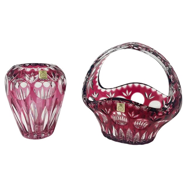 German Crystal Vase and Basket, 1960s, Set of 2 For Sale