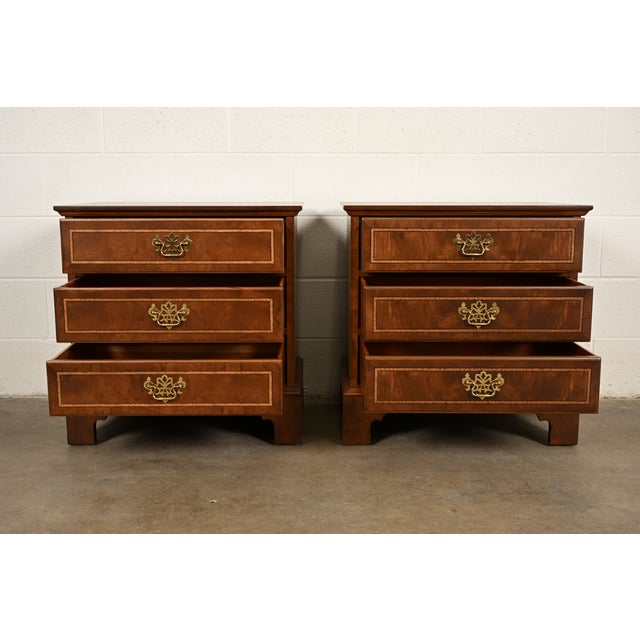 1990s E. J. Victor Georgian Mahogany Three-Drawer Nightstands or Bachelor Chests, Newly Refinished For Sale - Image 5 of 12
