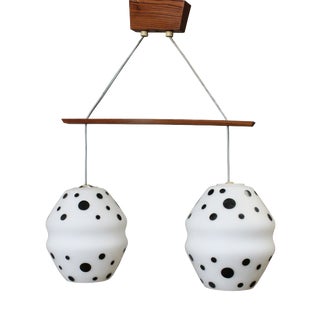 Vintage Czechoslovak Double Pendant Light in Spotted Opaline Glass and Wood, 1960s For Sale