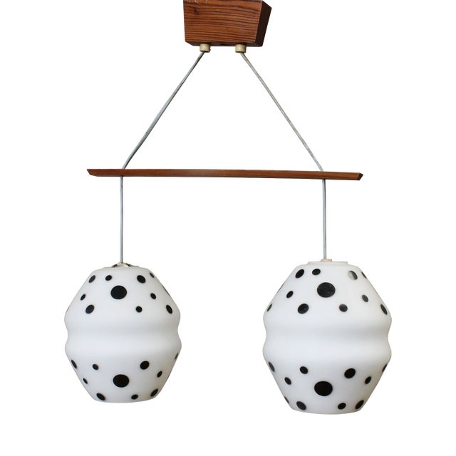 Vintage Czechoslovak Double Pendant Light in Spotted Opaline Glass and Wood, 1960s For Sale