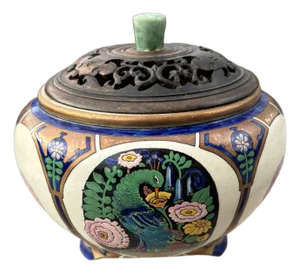 1910s American Satsuma Ginger Jar With Pierced Wood Lid and Jadeite Top