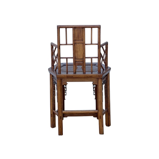 Asian Antique Vintage Brown Lattice Work Hexagonal Narrow Accent Armchair For Sale - Image 3 of 11