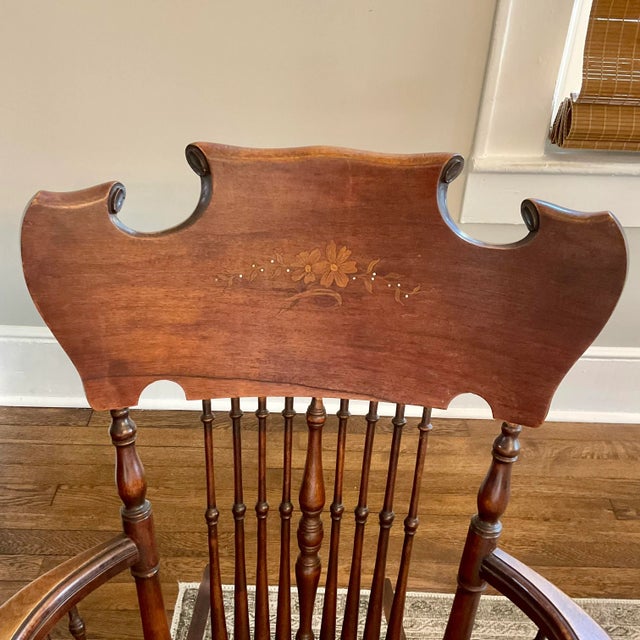 Art Nouveau Beautiful Antique Rocking Chair With Mother of Pearl Inset For Sale - Image 3 of 10