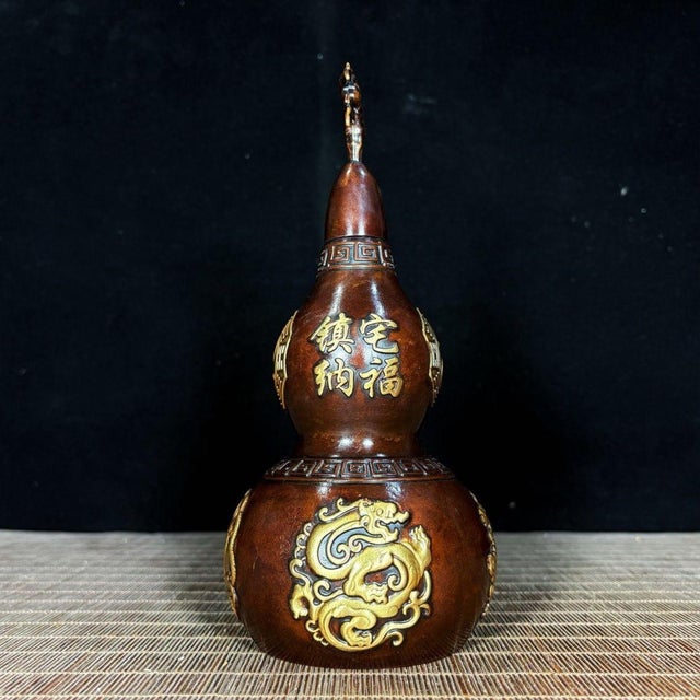 Gilt Bronze Wu Lou Gourd With Bagua Motif - Chinese Feng Shui Object For Sale - Image 9 of 9