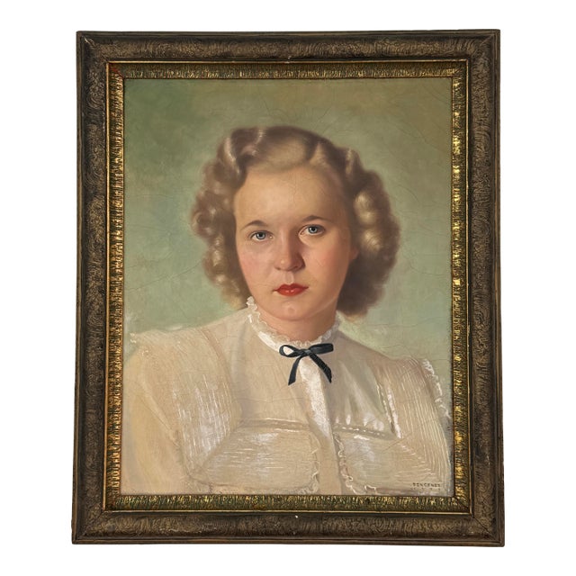 Paul Penczner (Hungarian-American 1916–2010) Oil Portrait of Young Woman 1948 For Sale