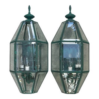 Pair of Vintage Solid Brass Wall Lanterns – Large Beveled Glass Sconces For Sale