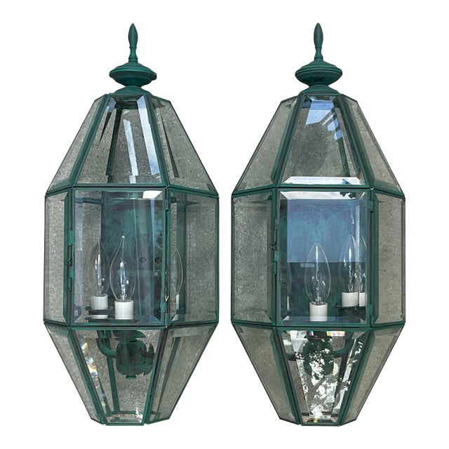 Pair of Vintage Solid Brass Wall Lanterns – Large Beveled Glass Sconces For Sale