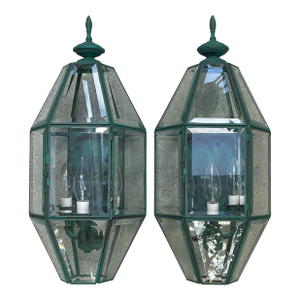 Pair of Vintage Solid Brass Wall Lanterns – Large Beveled Glass Sconces