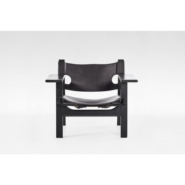 Wood Spanish Chair in Black Leather by Børge Mogensen for Fredericia Stolefabrik, 1960s For Sale - Image 7 of 7