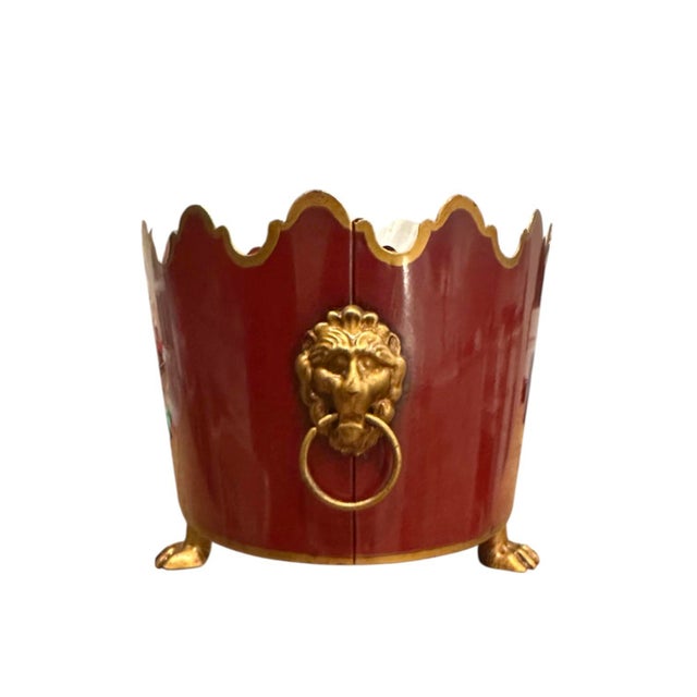 Vintage Large Italian Tole Gilt & Cranberry / Burgundy Red Monteith Cache Pot / Jardinere / Planter With Lion Head Rings and Paw Feet For Sale - Image 4 of 8