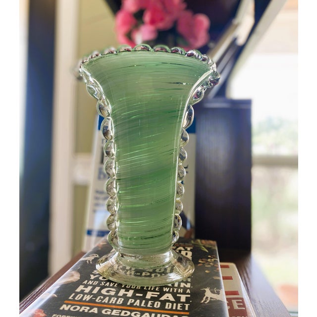 Vintage Murano Green Swirl Hand-Blown Glass Vase With Clear Rigaree Beading, Italy, C. 1980s For Sale - Image 14 of 14