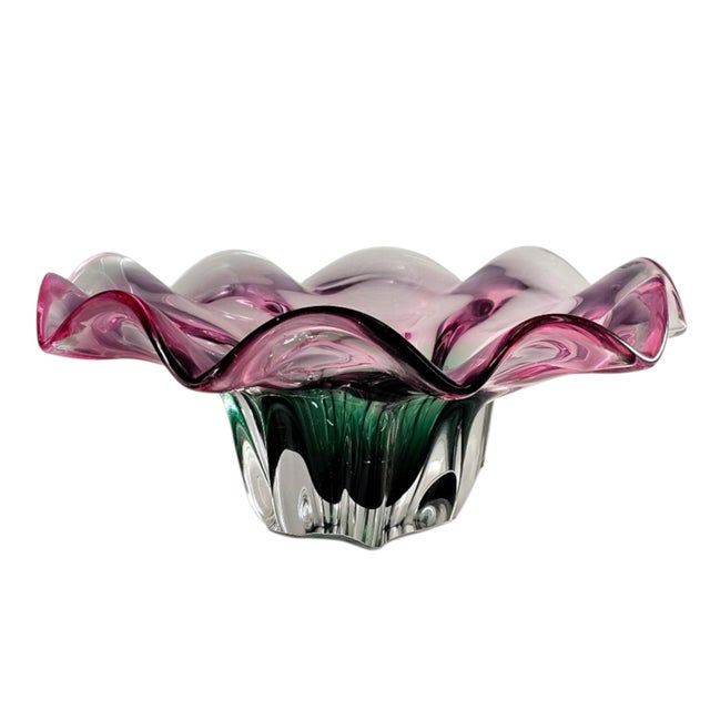 Murano Style Sommerso Art Glass Ruffled Centerpiece Bowl Pink Green 20" For Sale - Image 9 of 17
