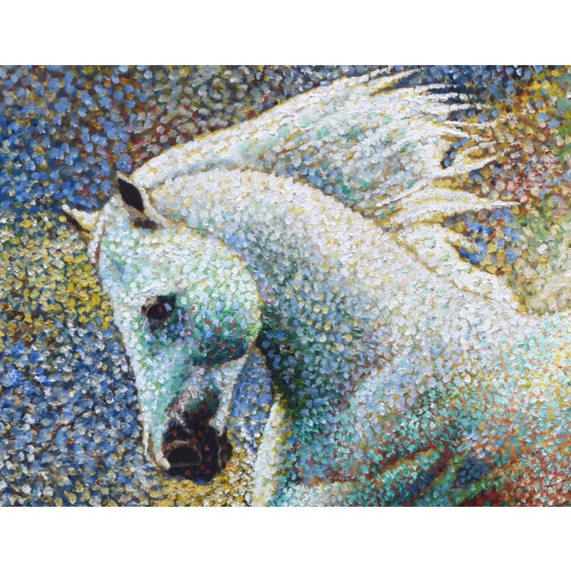 Large Vintage Pointilist Oil Painting of a White Horse With Rainbow Color Background For Sale In New York - Image 6 of 6