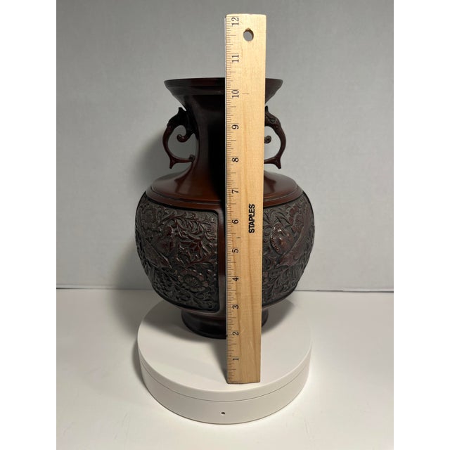 Metal Antique Meiji Period Japanese Bronze Vase - Birds & Flowers High Relief 10.5"h For Sale - Image 7 of 8