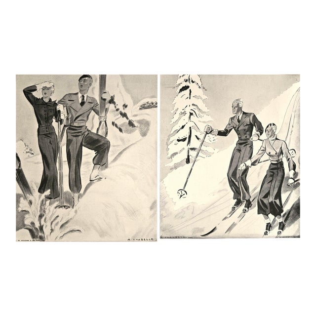 1934 Set of 2- French Art Deco Ski Prints For Sale