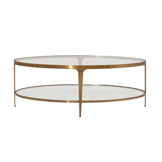 Matthew Izzo Home Brando Antique Brass Two Tier Oval Coffee Table With Glass Tops For Sale - Image 9 of 9