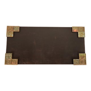 Tiffany Studios New York Bookmark Pattern Bronze Doré and Enamel Blotter Corners With Leather Desk Blotter For Sale