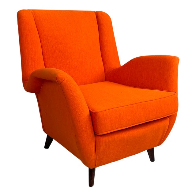 Italian Mid-Century Modern Orange Fabric and Wood Armchair, 1950s For Sale