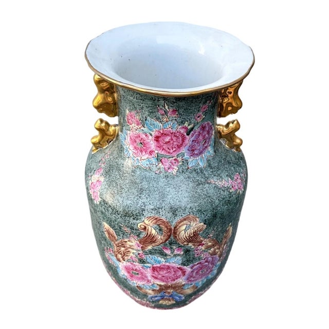 Large Vintage Chinoiserie Green & Pink Rose Famille Peonies Porcelain Vase W/Double Ears For Sale - Image 4 of 6