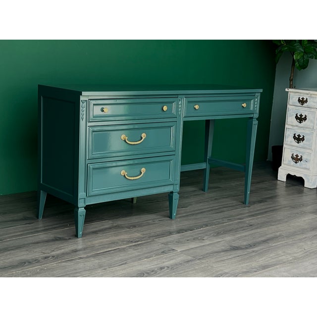 Green Mid-Century Forrest Green High Gloss Lacquered Desk of Four Drawers For Sale - Image 8 of 11