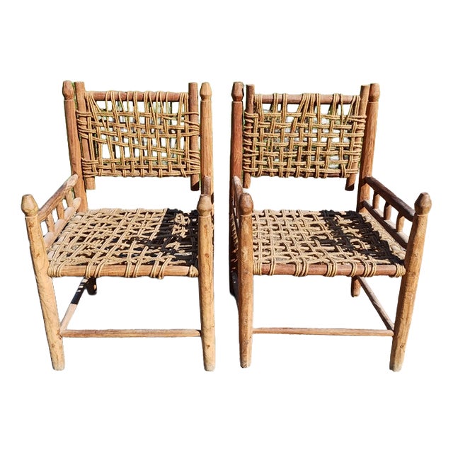 Wooden and Rope Armchairs attributed to Adrien Audoux & Frida Minet, 1950, Set of 2 For Sale