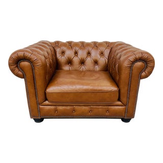 Modern Brown Leather Chesterfield Arm Chair For Sale