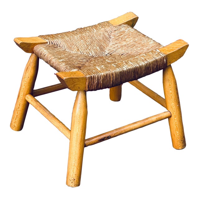 Mid-Century French Country Ash Wood & Rush Saddle Seat Footstool Petite Low Stool For Sale